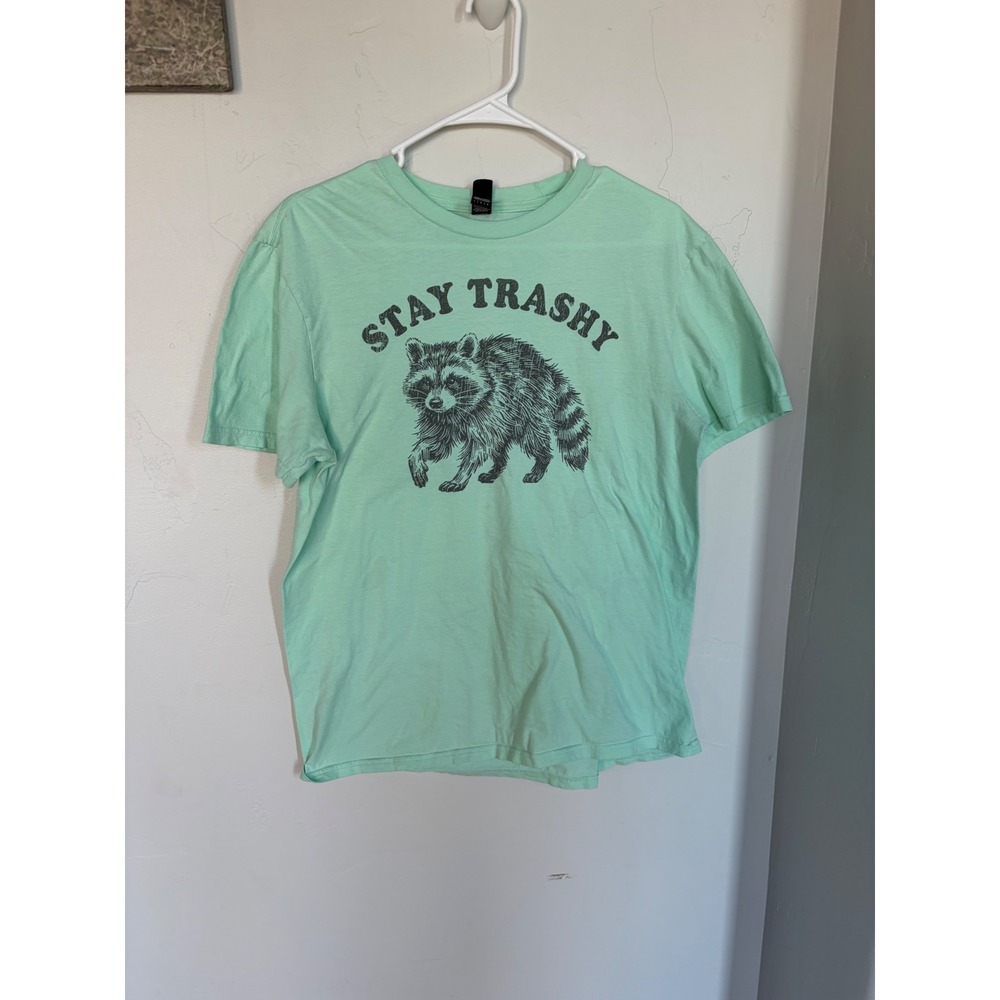 District Stay Trashy Raccoon Graphic T-Shirt Mens Large Mint Green Short Sleeve